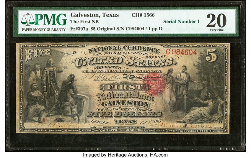 image for: Serial Number 1 Galveston, TX - $5 Original Fr. 397a The First National Bank Ch. # 1566 PMG Very Fine 20....