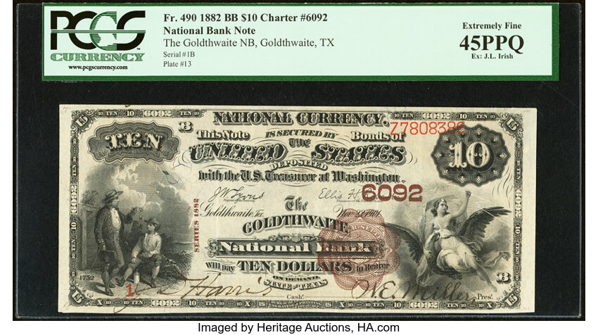 image for: Serial Number 1 Goldthwaite, TX - $10 1882 Brown Back Fr. 490 The Goldthwaite National Bank Ch. # 6092 PCGS Extremely Fine 45P...