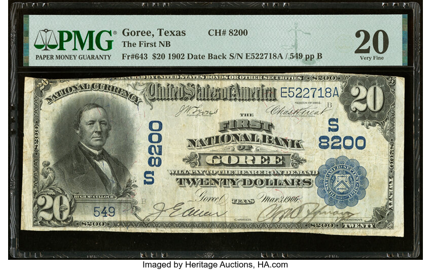 image for: Goree, TX - $20 1902 Date Back Fr. 643 The First National Bank Ch. # (S)8200 PMG Very Fine 20....