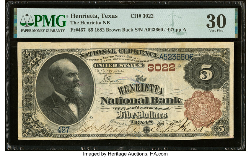 image for: Henrietta, TX - $5 1882 Brown Back Fr. 467 The Henrietta National Bank Ch. # 3022 PMG Very Fine 30....