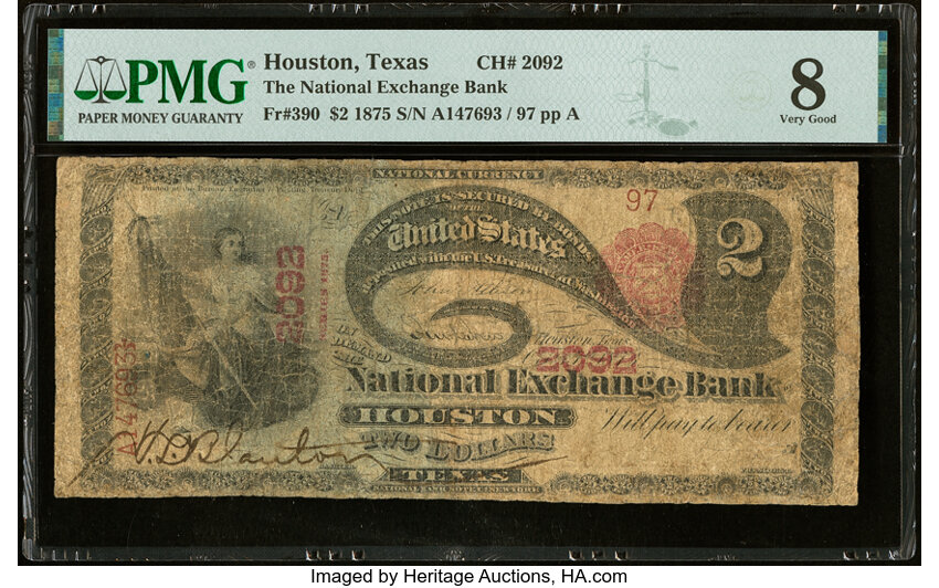 image for: Houston, TX - $2 1875 Fr. 390 The National Exchange Bank Ch. # 2092 PMG Very Good 8....