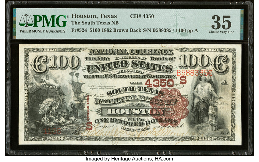 image for: Houston, TX - $100 1882 Brown Back Fr. 524 The South Texas National Bank Ch. # (S)4350 PMG Choice Very Fine 35....