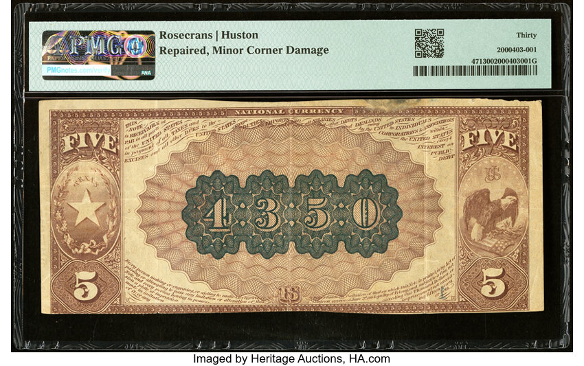 image for: Serial Number 1 Houston, TX - $5 1882 Brown Back Fr. 471 The South Texas National Bank Ch. # 4350 PMG Very Fine 30....