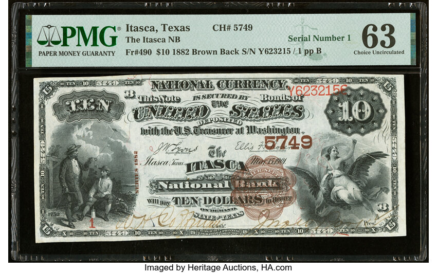image for: Serial Number 1 Itasca, TX - $10 1882 Brown Back Fr. 490 The Itasca National Bank Ch. # 5749 PMG Choice Uncirculated 63....