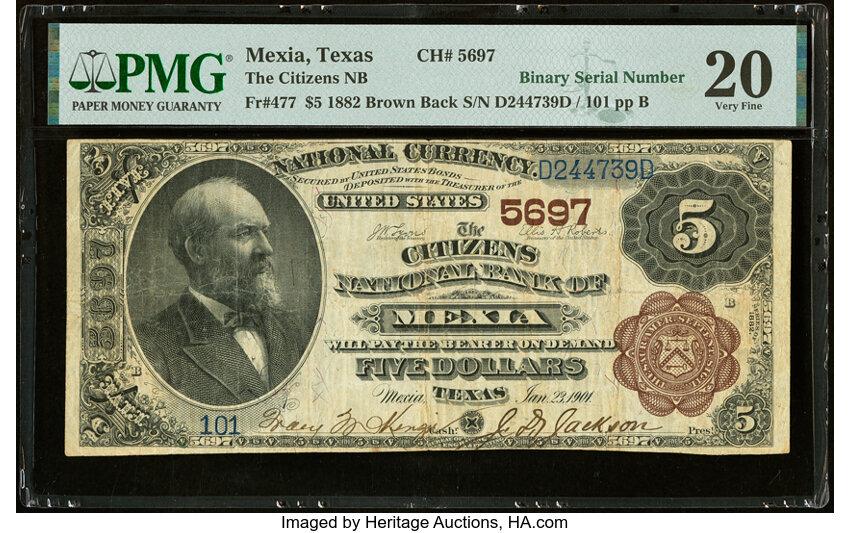 image for: Mexia, TX - $5 1882 Brown Back Fr. 477 The Citizens National Bank Ch. # 5697 PMG Very Fine 20....