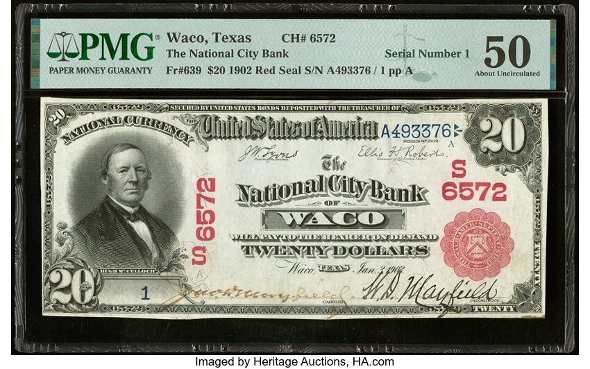image for: Serial Number 1 Waco, TX - $20 1902 Red Seal Fr. 639 The National City Bank Ch. # (S)6572 PMG About Uncirculated 50....
