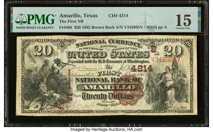 image for: Amarillo, TX - $20 1882 Brown Back Fr. 498 The First National Bank Ch. # (S)4214 PMG Choice Fine 15....