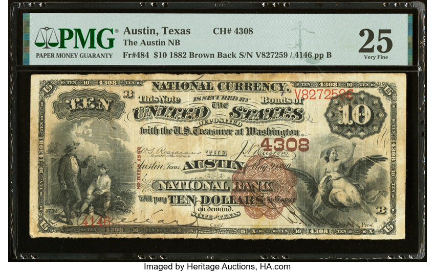 image for: Austin, TX - $10 1882 Brown Back Fr. 484 The Austin National Bank Ch. # 4308 PMG Very Fine 25....