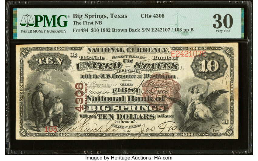 image for: Big Springs, TX - $10 1882 Brown Back Fr. 484 The First National Bank Ch. # 4306 PMG Very Fine 30....