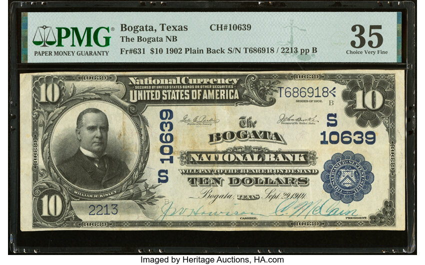 image for: Bogata, TX - $10 1902 Plain Back Fr. 631 The Bogata National Bank Ch. # (S) 10639 PMG Choice Very Fine 35....