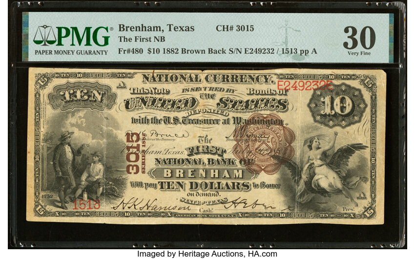 image for: Brenham, TX - $10 1882 Brown Back Fr. 480 The First National Bank Ch. # 3015 PMG Very Fine 30....