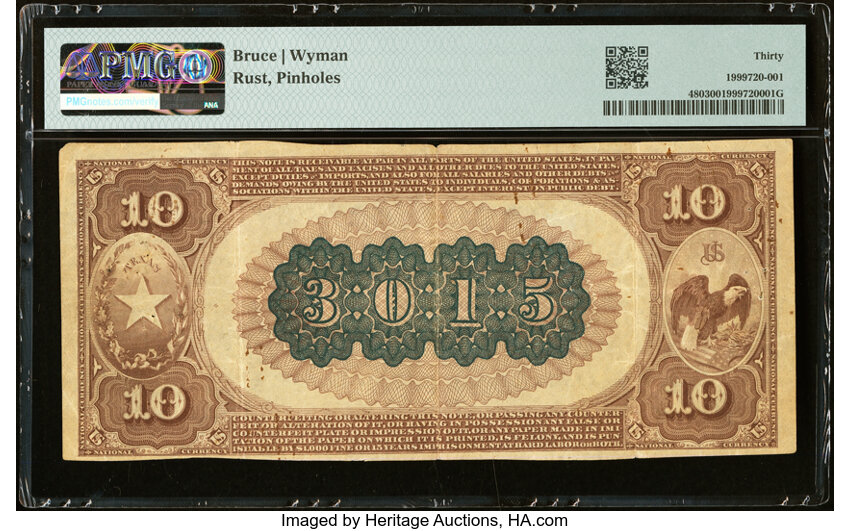 image for: Brenham, TX - $10 1882 Brown Back Fr. 480 The First National Bank Ch. # 3015 PMG Very Fine 30....