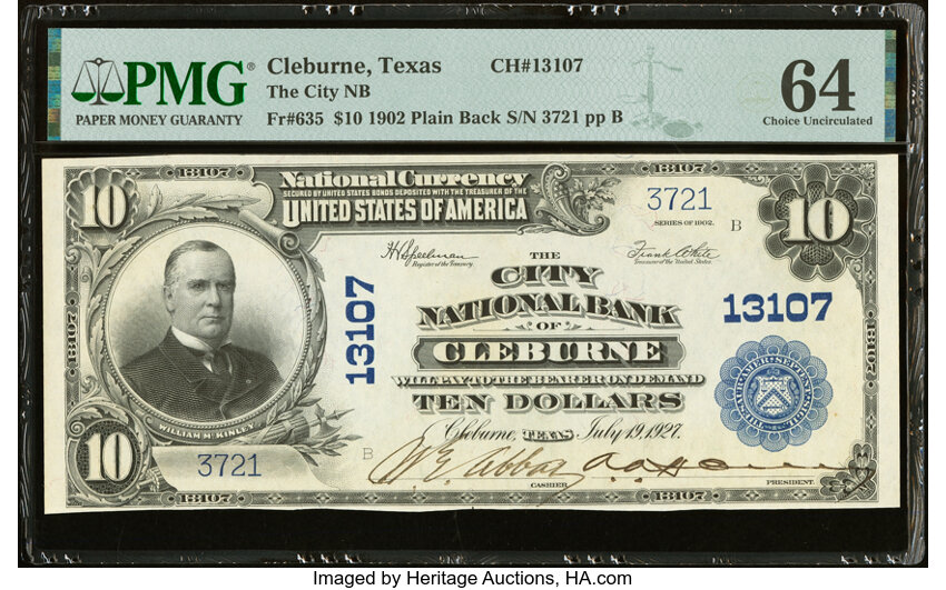 image for: Cleburne, TX - $10 1902 Plain Back Fr. 635 The City National Bank Ch. # 13107 PMG Choice Uncirculated 64....
