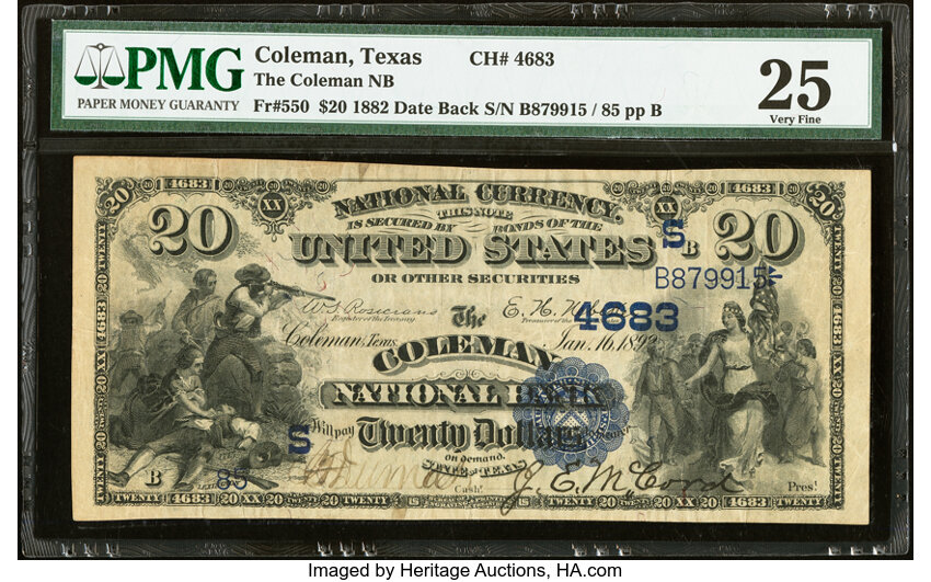 image for: Coleman, TX - $20 1882 Date Back Fr. 550 The Coleman National Bank Ch. # (S)4683 PMG Very Fine 25....