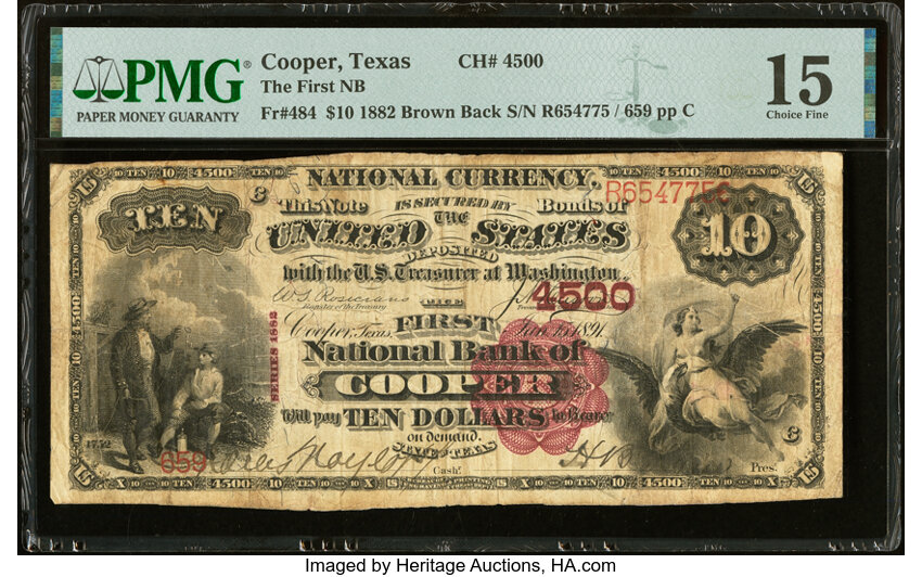 image for: Cooper, TX - $10 1882 Brown Back Fr. 484 The First National Bank Ch. # 4500 PMG Choice Fine 15....