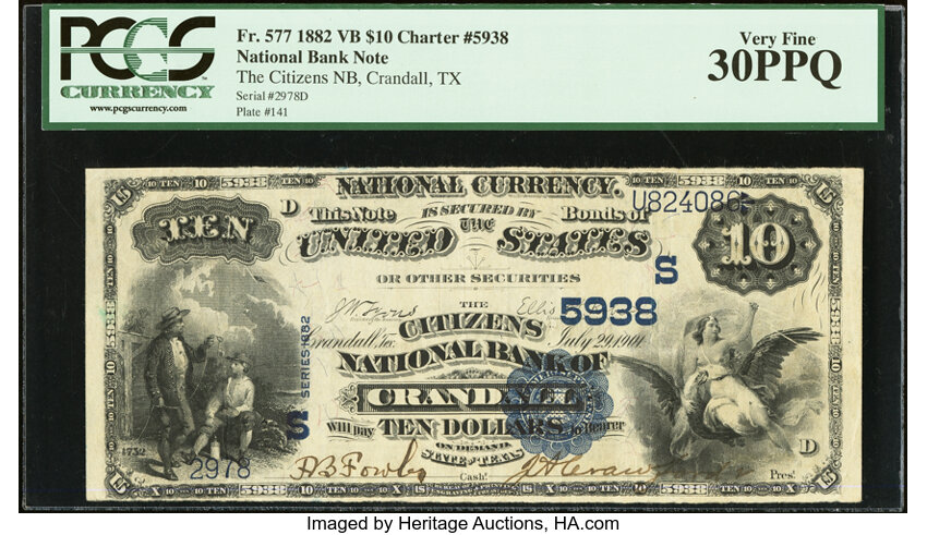 image for: Crandall, TX - $10 1882 Value Back Fr. 577 The Citizens National Bank Ch. # (S)5938 PCGS Very Fine 30PPQ....