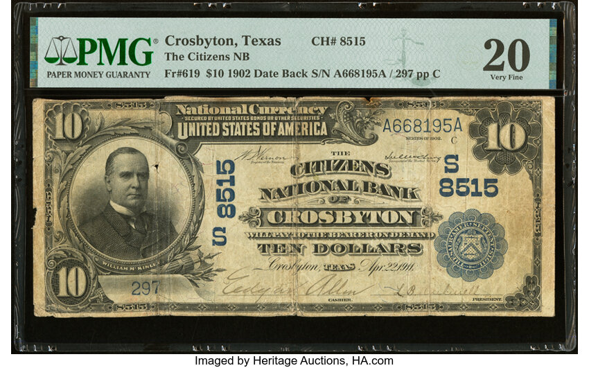 image for: Crosbyton, TX - $10 1902 Date Back Fr. 619 The Citizens National Bank Ch. # (S)8515 PMG Very Fine 20....