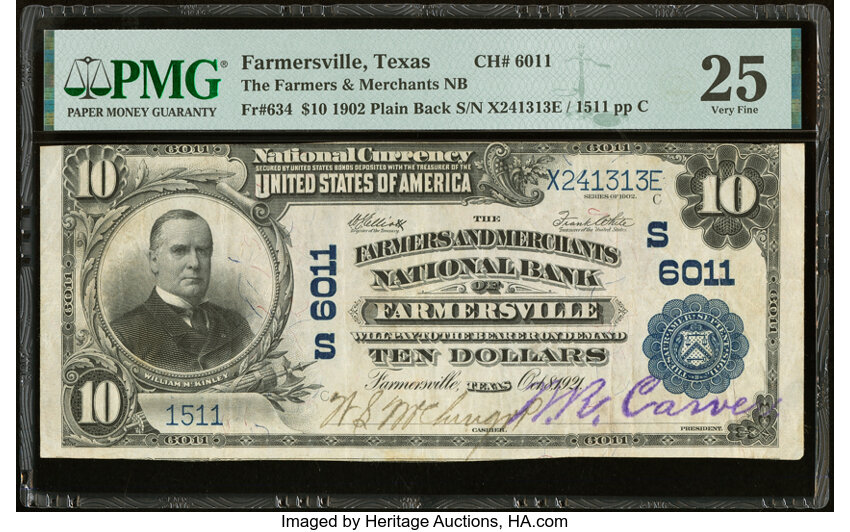 image for: Farmersville, TX - $10 1902 Plain Back Fr. 634 The Farmers & Merchants National Bank Ch. # (S)6011 PMG Very Fine 25....
