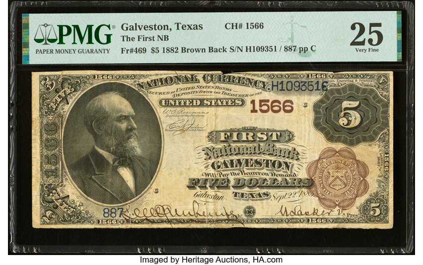 image for: Galveston, TX - $5 1882 Brown Back Fr. 469 The First National Bank Ch. # 1566 PMG Very Fine 25....
