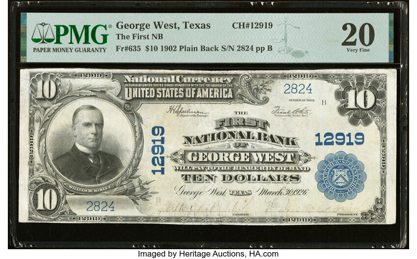 image for: George West, TX - $10 1902 Plain Back Fr. 635 The First National Bank Ch. # 12919 PMG Very Fine 20....