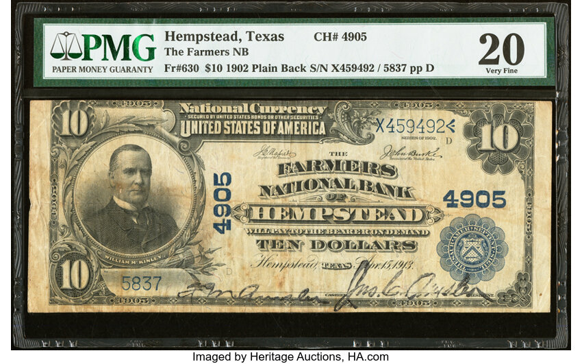 image for: Hempstead, TX - $10 1902 Plain Back Fr. 630 The Farmers National Bank Ch. # 4905 PMG Very Fine 20....