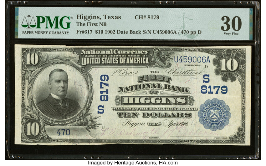 image for: Higgins, TX - $10 1902 Date Back Fr. 617 The First National Bank Ch. # (S)8179 PMG Very Fine 30....
