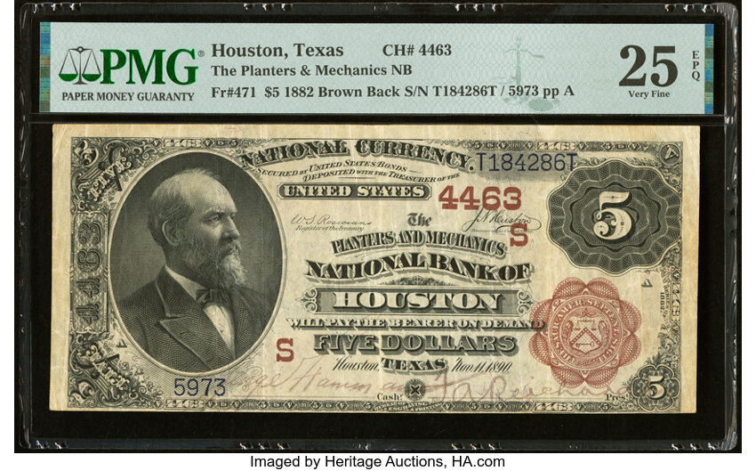 image for: Houston, TX - $5 1882 Brown Back Fr. 471 The Planters & Mechanics National Bank Ch. # (S)4463 PMG Very Fine 25 EPQ....