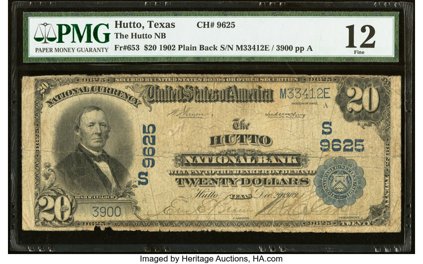 image for: Hutto, TX - $20 1902 Plain Back Fr. 653 The Hutto National Bank Ch. # (S)9625 PMG Fine 12....