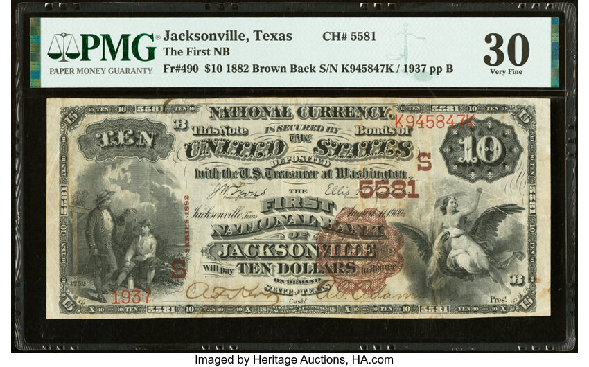 image for: Jacksonville, TX - $10 1882 Brown Back Fr. 490 The First National Bank Ch. # (S)5581 PMG Very Fine 30....