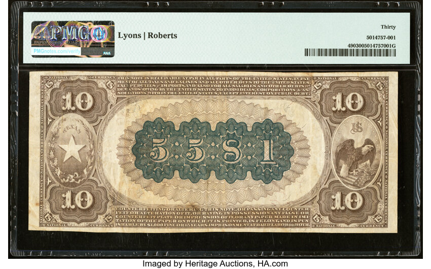 image for: Jacksonville, TX - $10 1882 Brown Back Fr. 490 The First National Bank Ch. # (S)5581 PMG Very Fine 30....