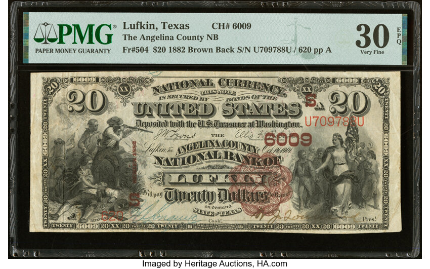 image for: Lufkin, TX - $20 1882 Brown Back Fr. 504 The Angelina County National Bank Ch. # (S)6009 PMG Very Fine 30 EPQ....