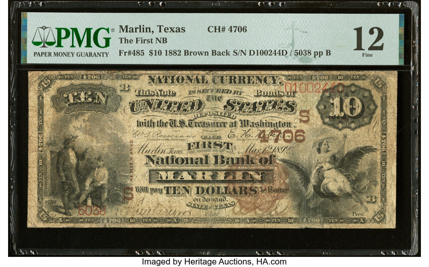 image for: Marlin, TX - $10 1882 Brown Back Fr. 485 The First National Bank Ch. # (S)4706 PMG Fine 12....