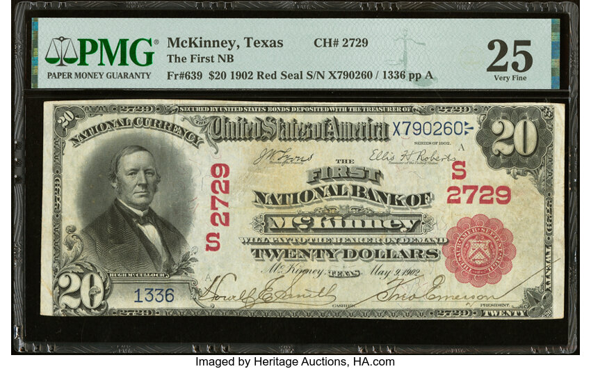 image for: McKinney, TX - $20 1902 Red Seal Fr. 639 The First National Bank Ch. # (S)2729 PMG Very Fine 25....
