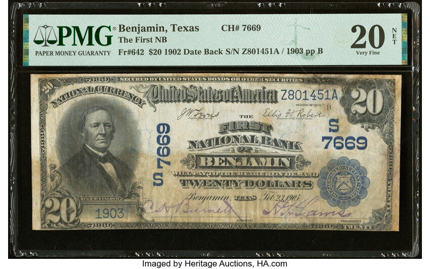 image for: Benjamin, TX - $20 1902 Date Back Fr. 642 The First National Bank Ch. # (S)7669 PMG Very Fine 20 Net....
