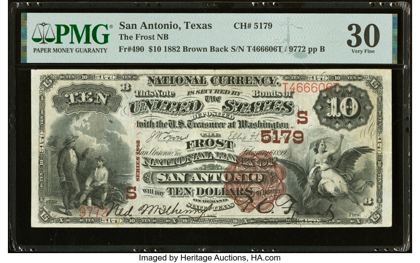 image for: San Antonio, TX - $10 1882 Brown Back Fr. 490 The Frost National Bank Ch. # (S)5179 PMG Very Fine 30....