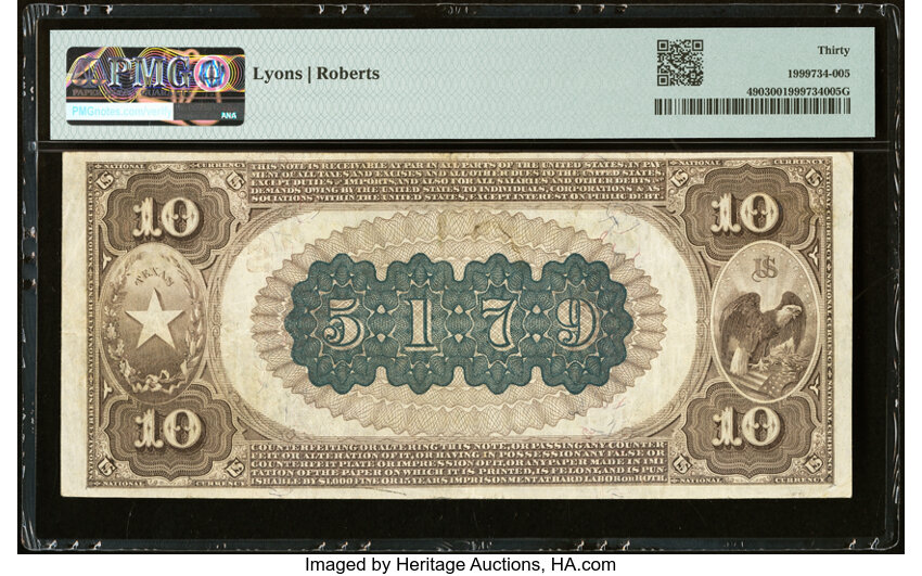 image for: San Antonio, TX - $10 1882 Brown Back Fr. 490 The Frost National Bank Ch. # (S)5179 PMG Very Fine 30....