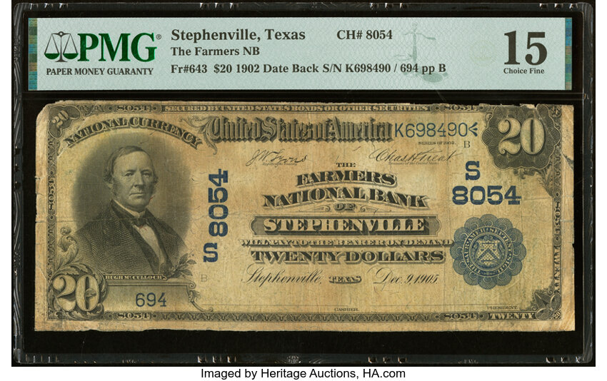 image for: Stephenville, TX - $20 1902 Date Back Fr. 643 The Farmers National Bank Ch. # (S)8054 PMG Choice Fine 15....