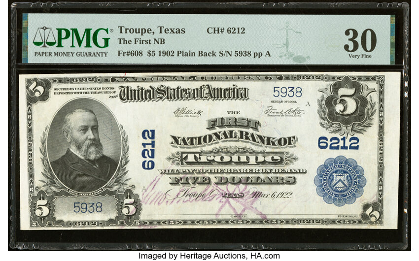 image for: Troupe, TX - $5 1902 Plain Back Fr. 608 The First National Bank Ch. # 6212 PMG Very Fine 30....