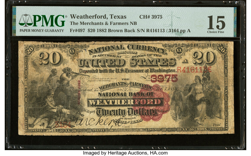 image for: Weatherford, TX - $20 1882 Brown Back Fr. 497 The Merchants & Farmers National Bank Ch. # 3975 PMG Choice Fine 15....