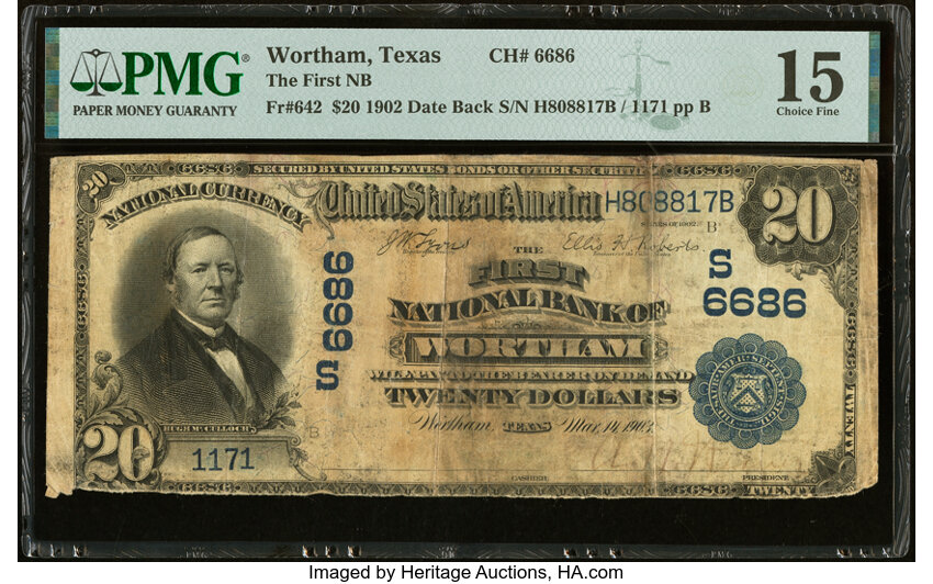 image for: Wortham, TX - $20 1902 Date Back Fr. 642 The First National Bank Ch. # (S)6686 PMG Choice Fine 15....