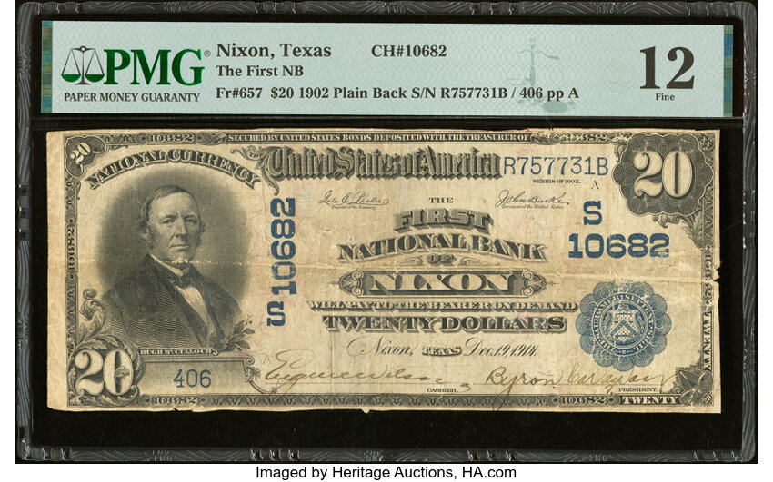 image for: Nixon, TX - $20 1902 Plain Back Fr. 657 The First National Bank Ch. # (S)10682 PMG Fine 12....