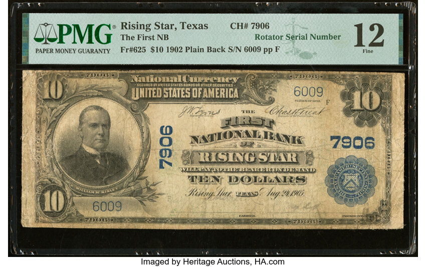 image for: Rising Star, TX - $10 1902 Plain Back Fr. 625 The First National Bank Ch. # 7906 PMG Fine 12....