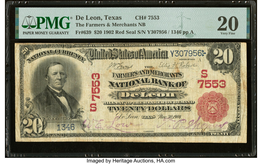 image for: De Leon, TX - $20 1902 Red Seal Fr. 639 The Farmers & Merchants National Bank Ch. # (S) 7553 PMG Very Fine 20....