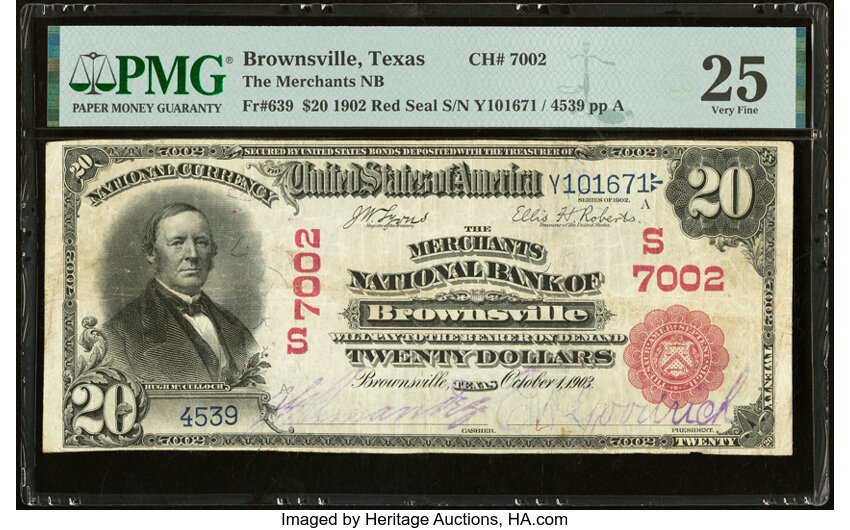 image for: Brownsville, TX - $20 1902 Red Seal Fr. 639 The Merchants National Bank Ch. # (S)7002 PMG Very Fine 25....