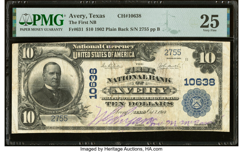 image for: Avery, TX - $10 1902 Plain Back Fr. 631 The First National Bank Ch. # 10638 PMG Very Fine 25....