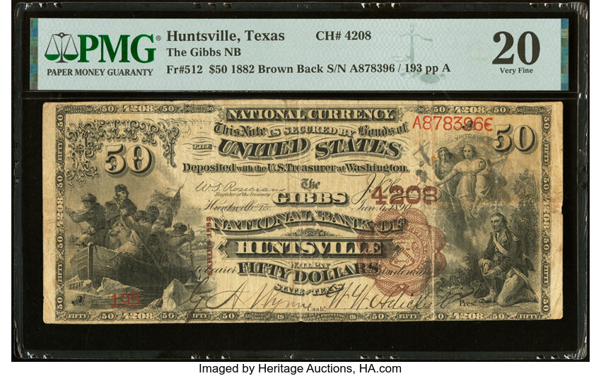 image for: Huntsville, TX - $50 1882 Brown Back Fr. 512 The Gibbs National Bank Ch. # 4208 PMG Very Fine 20....