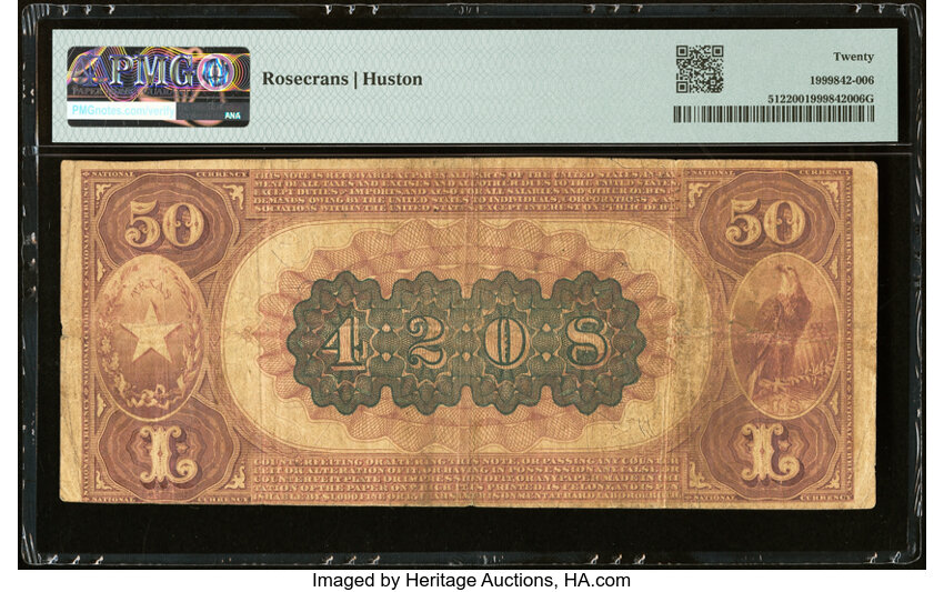 image for: Huntsville, TX - $50 1882 Brown Back Fr. 512 The Gibbs National Bank Ch. # 4208 PMG Very Fine 20....