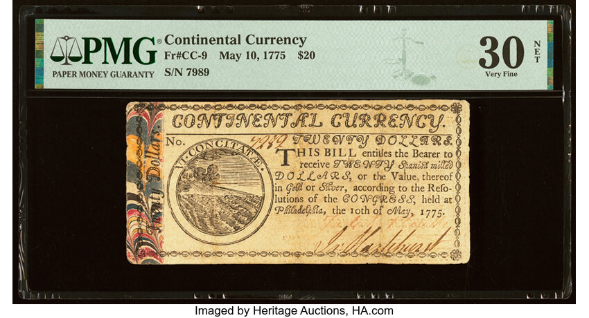 image for: Continental Currency May 10, 1775 $20 PMG Very Fine 30 Net....