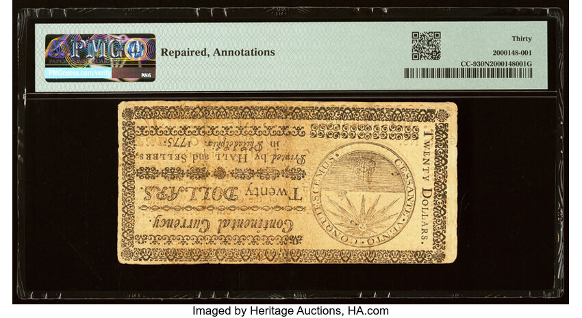 image for: Continental Currency May 10, 1775 $20 PMG Very Fine 30 Net....