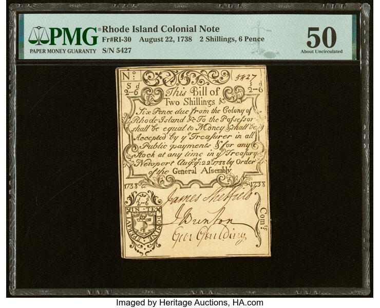 image for: Rhode Island August 22, 1738 2s 6d PMG About Uncirculated 50....